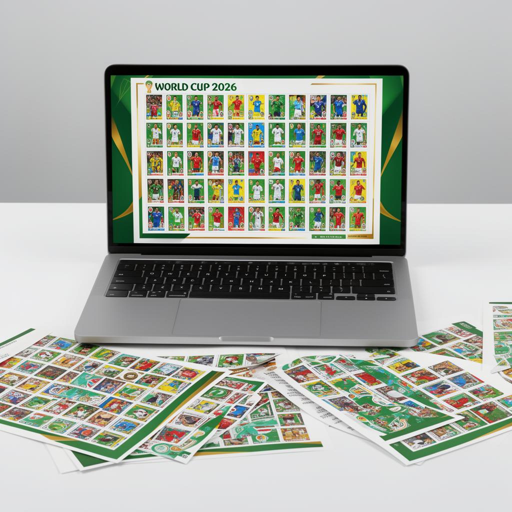 Mockup do PDF de figurinhas da Copa 2026 aberto em um laptop
